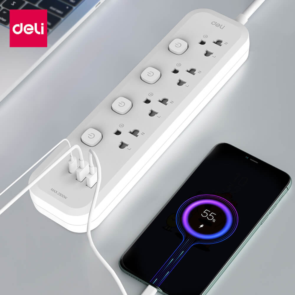 รางปลั๊กไฟ 3 ช่อง 2USB 1TYPEC DELI CT475-WH-01 ความยาวสาย 3 เมตร