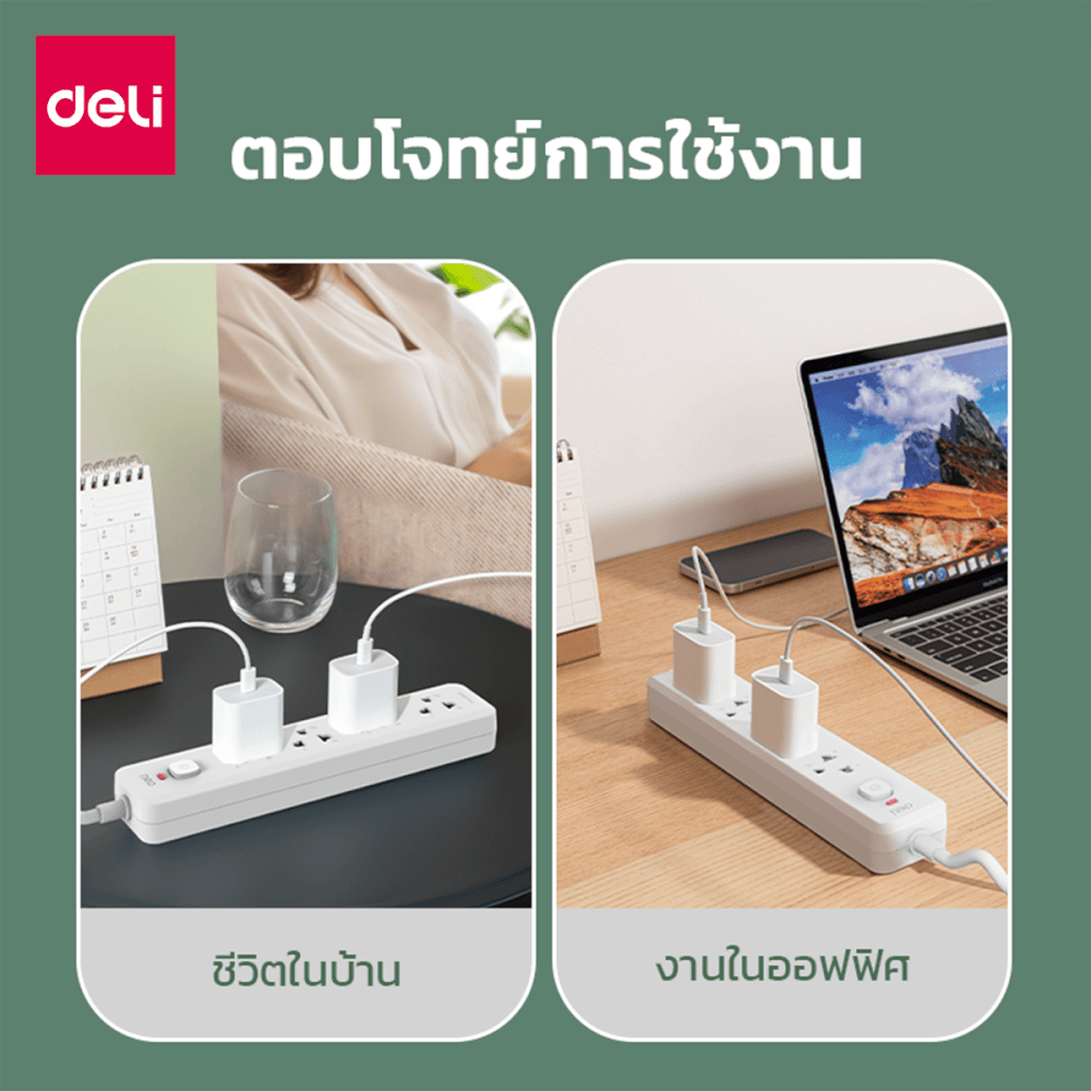 รางปลั๊กไฟ 3ช่อง 3M 1สวิตซ์ DELI CT480-GR-01 สีเทาอ่อน