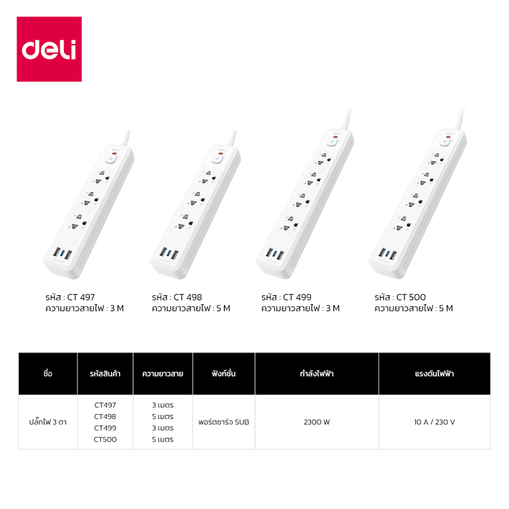 ปลั๊กไฟสามตา 3ช่อง 2USB 1TYPEC 3M DELI CT497-WH-01 สีขาว