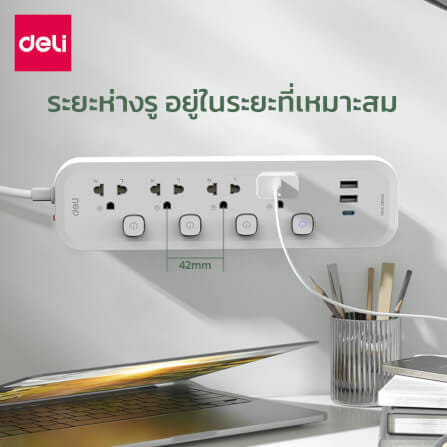 รางปลั๊กไฟ 3ช่อง 2USB 1TYPEC DELI CT492-GR-01 ความยาวสาย 3 เมตร_5