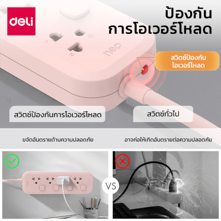 รางปลั๊กไฟ 3ช่อง 3M 3สวิตซ์ DELI CT487-PK-01 สีชมพู_5