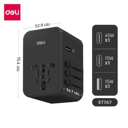 หัวแปลงปลั๊กไฟ DELI ET767-BK-01 สีดำ 2A3C-45W_7
