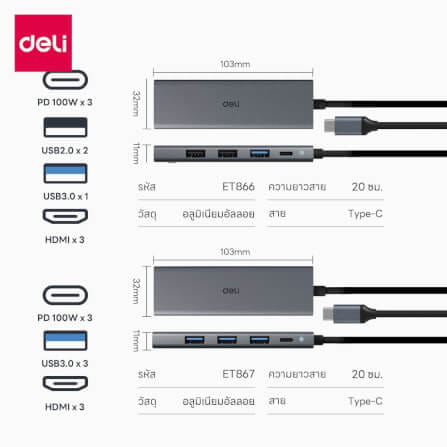 สาย HDMI DELI ET866-GR-01 TYPE-C HDMI 20ซม สีเทา_9