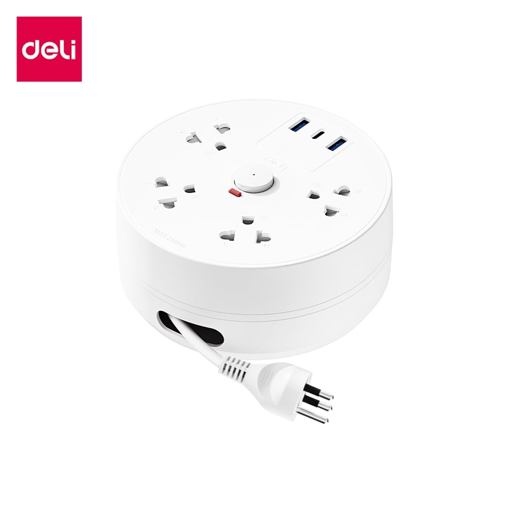 รางปลั๊กไฟทรงกลม 4 ช่อง 1 สวิตซ์ USB 2A1C DELI ET812(02)-WH-01 2 ม. สีขาว_0