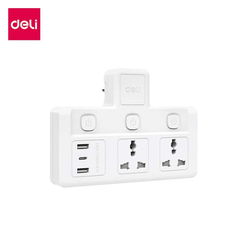 ปลั๊กไฟอแดปเตอร์ 2ช่อง 2A1C 3สวิตซ์ FASTCHARGE DELI ET717-WH-01 สีขาว